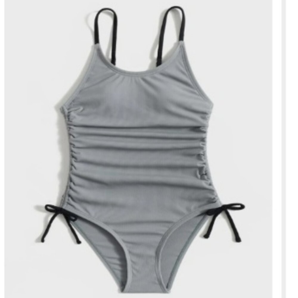 Women's NWT Shein Grey Ribbed‎ Drawstring Side One Piece Swimsuit Size Large